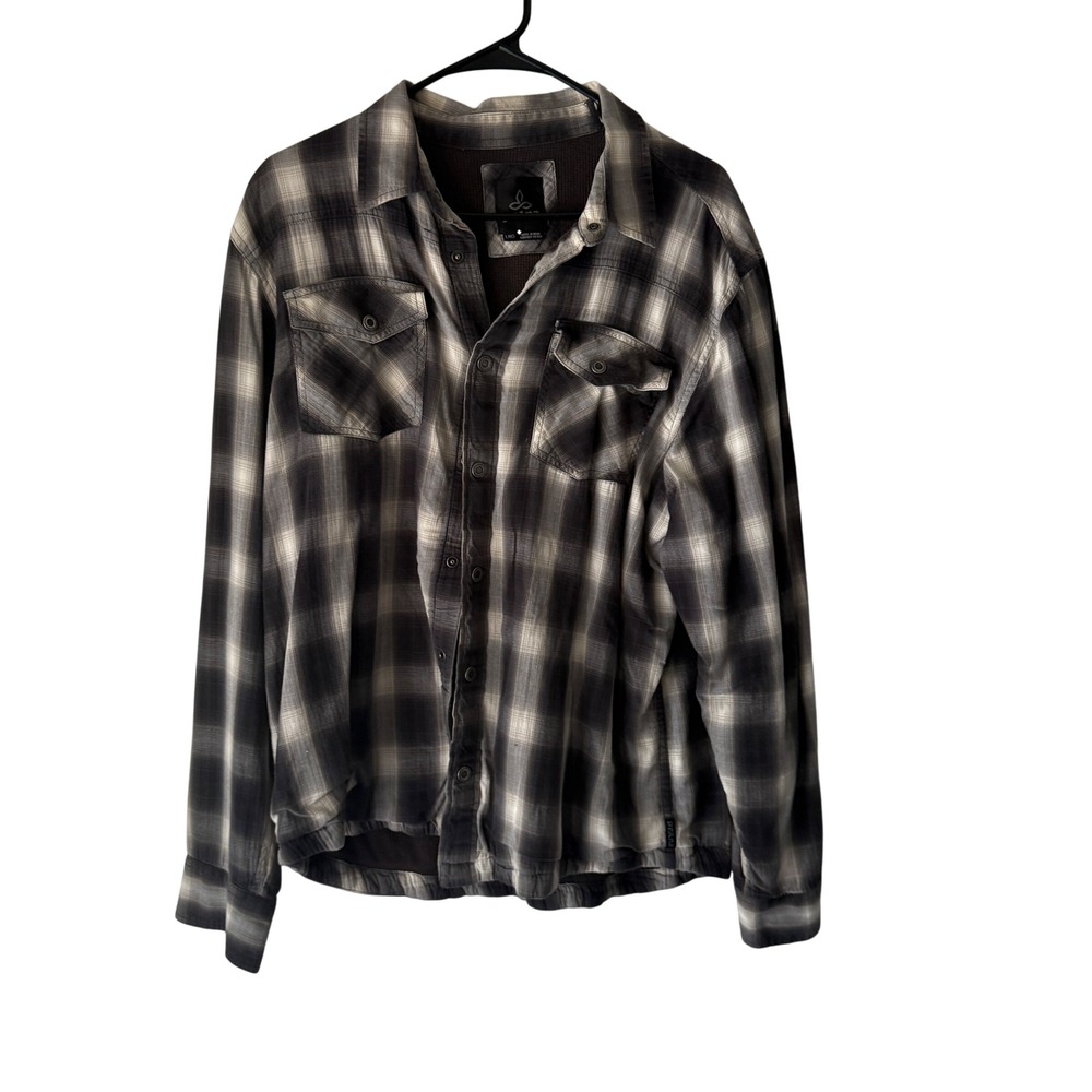 Prana Mens Large LRG Plaid Flannel Button Up Long Sleeve Shirt Shacket Heavy